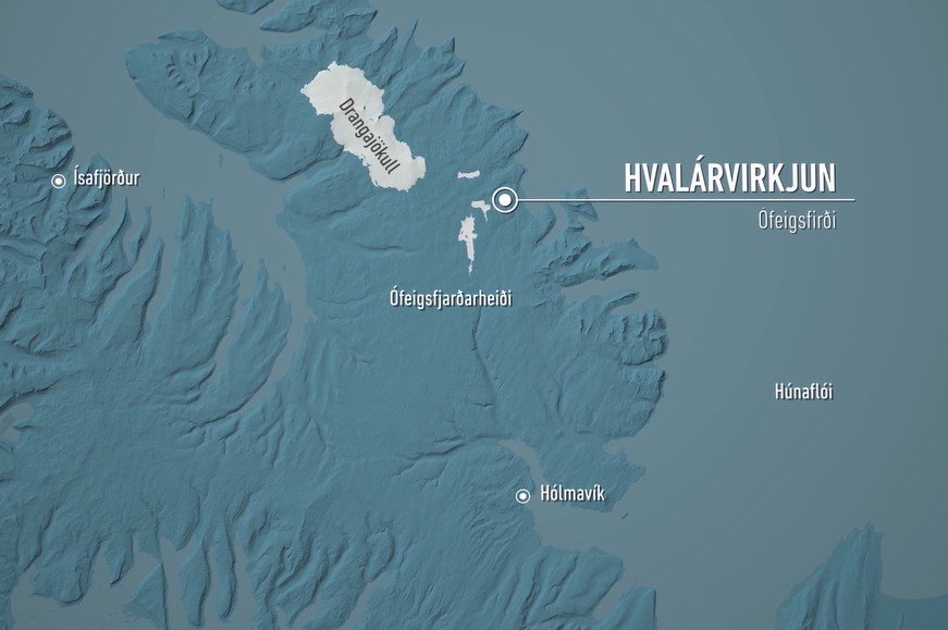 Myndin sýnir staðsetningu fyrirhugaðrar Hvalárvirkjunar í Ófeigsfirði í Árneshreppi.